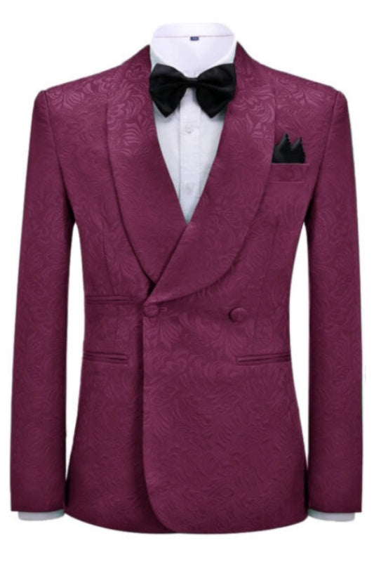 Virgil Most Recent Burgundy Jacquard Shawl Collar Double-Breasted Wedding Suit