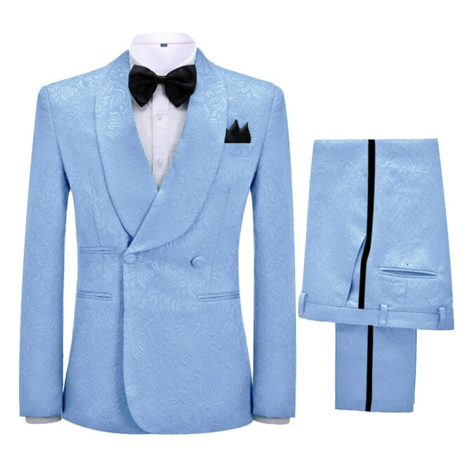 Vito Sky Blue Jacquard Shawl Collar Double Breasted New Groom's Attire