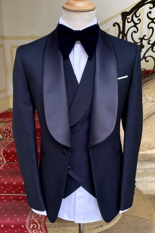 Wade Custom Navy Blue Shawl Lapel Three-Piece Wedding Suits