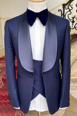 Wallace Elegant Navy Blue Jacquard Three-Piece Wedding Suits