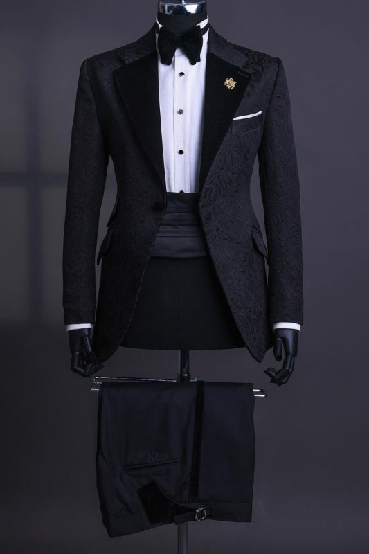 Ward Fashionable Black Jacquard Notched Lapel Two-Piece Prom Suits