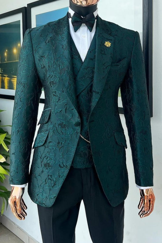 Warren Dark Green Notched Lapel Three-Piece Slim Fit Prom Suits