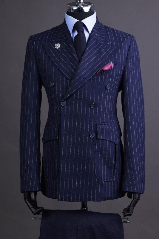 Washington Dark Blue Peak Lapel Double Breasted Striped Business Suit