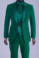 Wheeler Fashionable Green Notched Lapel Three-Piece Velvet Prom Suits