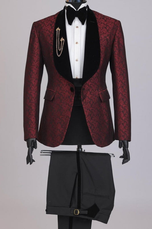 Williamson Elegant Burgundy Jacquard Shawl Lapel Men’s Wedding Suit