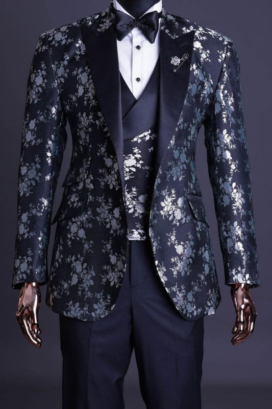 Wilson Chic Black Jacquard Peak Lapel Three-Piece Prom Suits