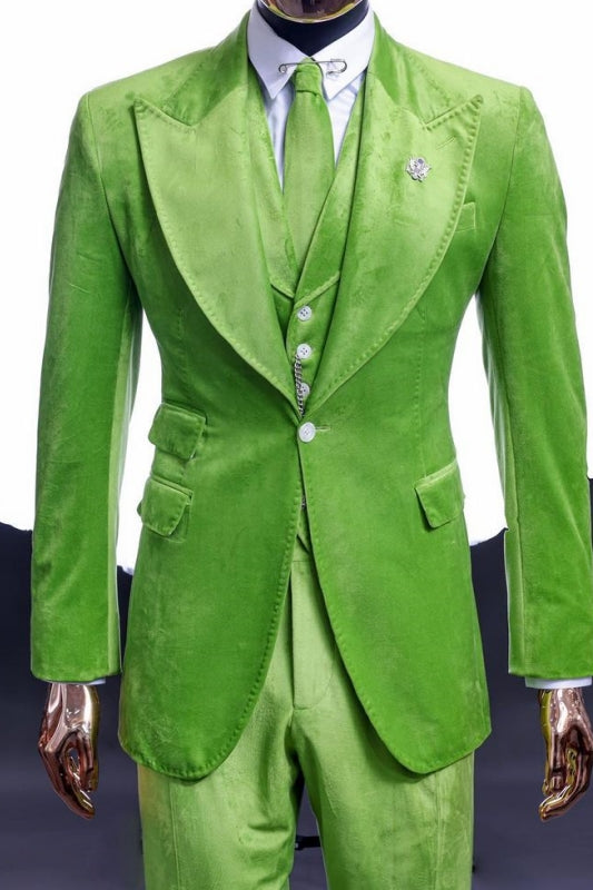 Witt Modern Green Peak Lapel Three-Piece Velvet Prom Suits