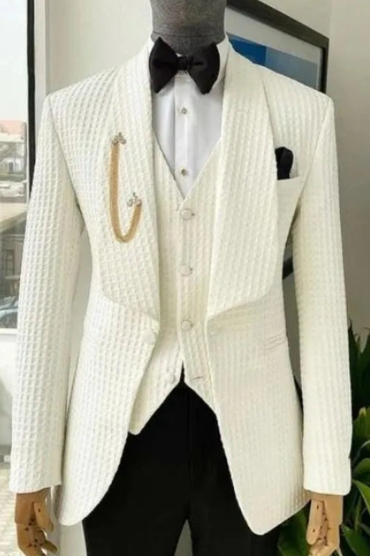 York Stylish White Plaid Shawl Lapel Three-Piece Wedding Suit