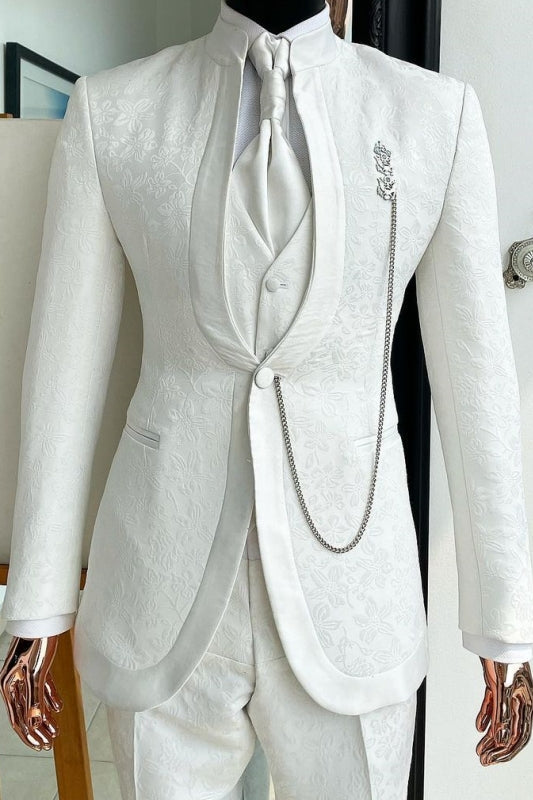 York Trendy White Jacquard Three-Piece Wedding Suits