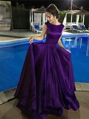 A-Line Bateau Sleeveless Floor-Length With Ruffles Satin Prom Dresses