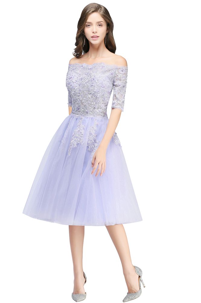 MISSHOW offers A-line Bateau Tulle Prom Dress with Appliques at a cheap price from Same as Picture,White,Ivory,Nude pink,Blushing Pink,Pearl Pink,Dusty Rose,Watermelon,Red,Burgundy,Champagne,Lilac,Lavender,Sky Blue,Dark Navy,Black,Silver,Mint Green, Tulle to A-line Knee-length hem. Stunning yet affordable Sleeveless Prom Dresses,Homecoming Dresses.