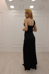 A-line Black One Shoulder Glitter Sleeveless Prom Dress With Slit-misshow.com