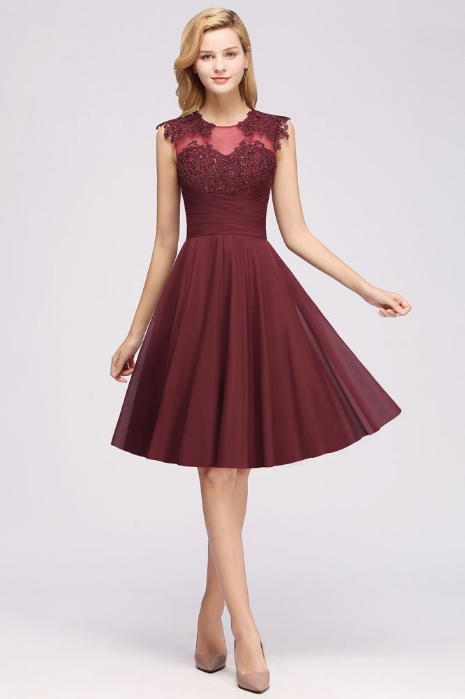 MISSHOW offers A-line Chiffon Appliques Jewel Sleeveless Knee-Length Bridesmaid Dresses with Ruffles at a good price from Misshow