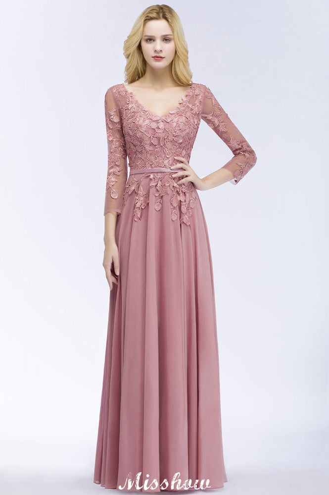 MISSHOW offers A-line Chiffon Floor-Length Bridesmaid Dress Appliques V-Neck Long-Sleeves Evening Dress at a good price from 100D Chiffon to A-line Floor-length them. Lightweight yet affordable home,beach,swimming useBridesmaid Dresses.