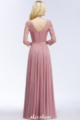 MISSHOW offers A-line Chiffon Floor-Length Bridesmaid Dress Appliques V-Neck Long-Sleeves Evening Dress at a good price from 100D Chiffon to A-line Floor-length them. Lightweight yet affordable home,beach,swimming useBridesmaid Dresses.