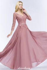 MISSHOW offers A-line Chiffon Floor-Length Bridesmaid Dress Appliques V-Neck Long-Sleeves Evening Dress at a good price from 100D Chiffon to A-line Floor-length them. Lightweight yet affordable home,beach,swimming useBridesmaid Dresses.