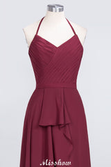 MISSHOW offers A-Line Chiffon Halter V-Neck Sleeveless Floor-Length Bridesmaid Dress with Ruffle at a good price from 100D Chiffon to A-line Floor-length them. Lightweight yet affordable home,beach,swimming useBridesmaid Dresses.