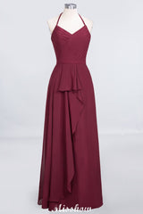 MISSHOW offers A-Line Chiffon Halter V-Neck Sleeveless Floor-Length Bridesmaid Dress with Ruffle at a good price from 100D Chiffon to A-line Floor-length them. Lightweight yet affordable home,beach,swimming useBridesmaid Dresses.