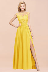 MISSHOW offers A-line Chiffon Lace Jewel Sleeveless Floor-Length Bridesmaid Dresses with Appliques at a good price from Misshow