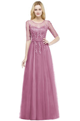 MISSHOW offers A-line Floor Length Appliques Tulle Bridesmaid Dress Half Sleeve Evening Dress at a good price from Pearl Pink,Dusty Rose,Burgundy,Black,Tulle to A-line Floor-length them. Stunning yet affordable Half-Sleeves Bridesmaid Dresses.