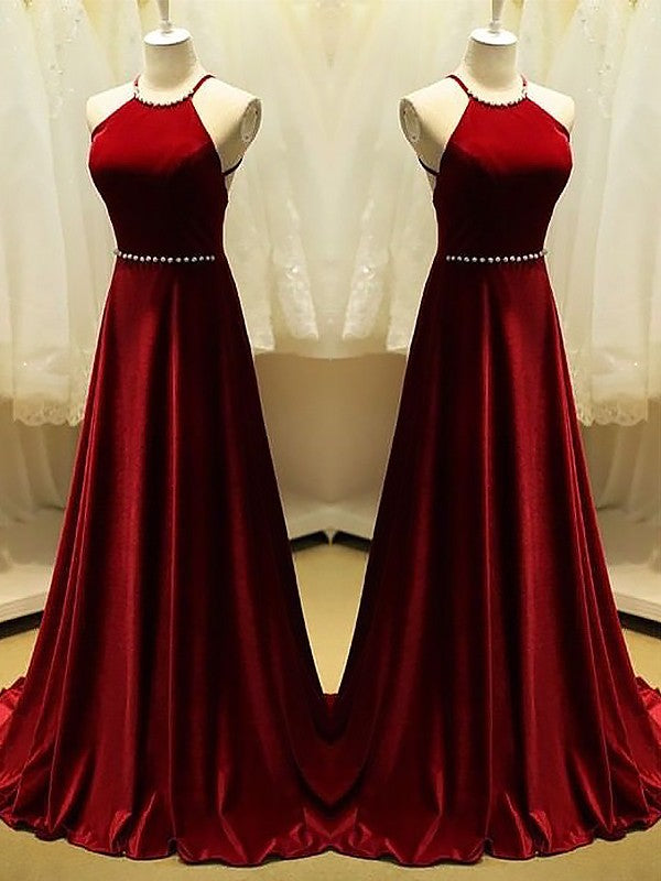 A-Line Halter Sleeveless With Beading Satin Prom Dresses