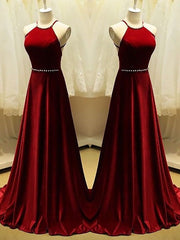 A-Line Halter Sleeveless With Beading Satin Prom Dresses