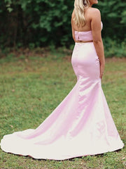 A-Line Halter Sleeveless With Ruffles Satin Two Piece Prom Dresses