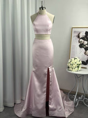 A-Line Halter Sleeveless With Ruffles Satin Two Piece Prom Dresses