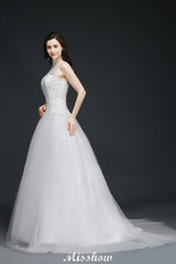 This elegant High Neck Tulle wedding dress with Lace could be custom made in plus size for curvy women. Plus size Sleeveless A-line bridal gowns are classic yet cheap.