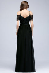 Looking for Bridesmaid Dresses in 100D Chiffon, A-line style, and Gorgeous Lace work  MISSHOW has all covered on this elegant A-line Long Spaghetti V-neck Black Lace Chiffon Bridesmaid Dress