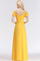 Looking for Bridesmaid Dresses in 100D Chiffon, A-line style, and Gorgeous Ruffles work  MISSHOW has all covered on this elegant A-line Long V-neck Short Sleeves Yellow Chiffon Bridesmaid Dresses