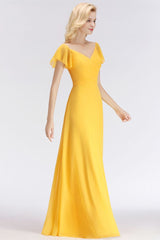 Looking for Bridesmaid Dresses in 100D Chiffon, A-line style, and Gorgeous Ruffles work  MISSHOW has all covered on this elegant A-line Long V-neck Short Sleeves Yellow Chiffon Bridesmaid Dresses