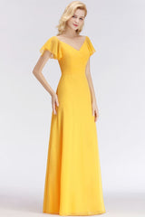 Looking for Bridesmaid Dresses in 100D Chiffon, A-line style, and Gorgeous Ruffles work  MISSHOW has all covered on this elegant A-line Long V-neck Short Sleeves Yellow Chiffon Bridesmaid Dresses