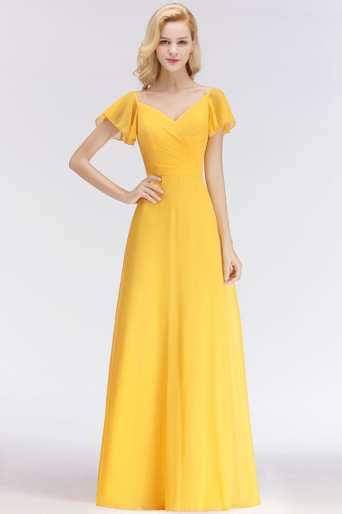 Looking for Bridesmaid Dresses in 100D Chiffon, A-line style, and Gorgeous Ruffles work  MISSHOW has all covered on this elegant A-line Long V-neck Short Sleeves Yellow Chiffon Bridesmaid Dresses