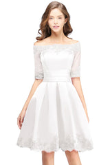 MISSHOW offers A-line Off-shoulder Half Sleeves Short Lace Appliques Prom Dresses at a cheap price from White,Ivory,Nude pink,Dusty Rose,Red,Burgundy,Dark Navy,Black,Silver, 100D Chiffon to A-line Mini hem. Stunning yet affordable Half-Sleeves Prom Dresses,Homecoming Dresses.