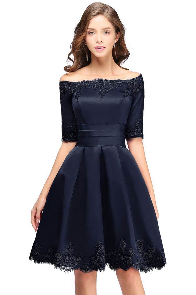 MISSHOW offers A-line Off-shoulder Half Sleeves Short Lace Appliques Prom Dresses at a cheap price from White,Ivory,Nude pink,Dusty Rose,Red,Burgundy,Dark Navy,Black,Silver, 100D Chiffon to A-line Mini hem. Stunning yet affordable Half-Sleeves Prom Dresses,Homecoming Dresses.