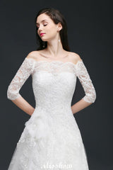 MISSHOW offers gorgeous White,Ivory Off-the-shoulder party dresses with delicately handmade Lace,Crystal Brooch in size 0-26W. Shop Floor-length prom dresses at affordable prices.