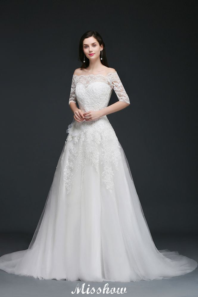 MISSHOW offers gorgeous White,Ivory Off-the-shoulder party dresses with delicately handmade Lace,Crystal Brooch in size 0-26W. Shop Floor-length prom dresses at affordable prices.