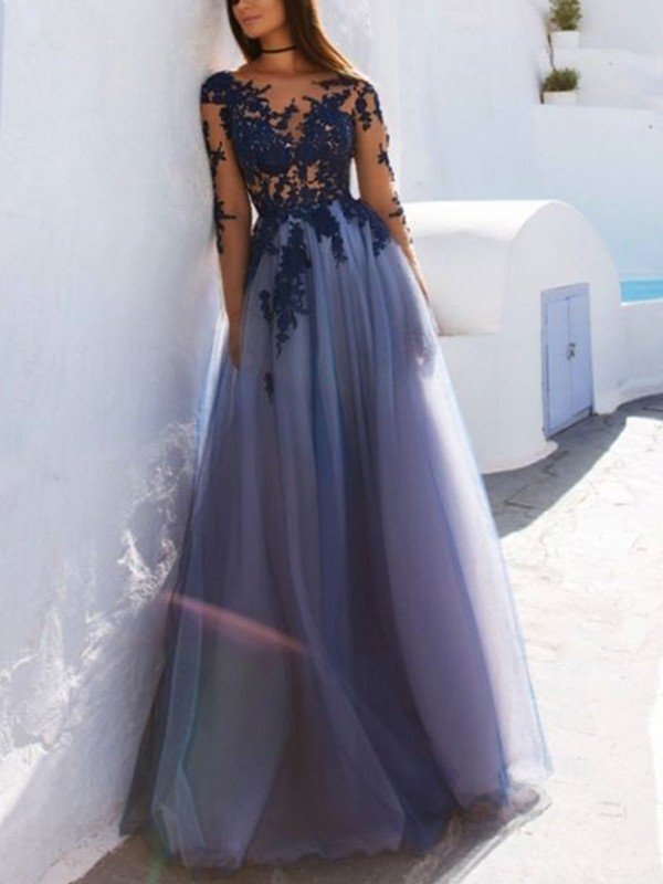 A-Line Scoop Long Sleeves Floor-Length With Applique Tulle Prom Dresses