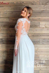 A-line Sheer Tulle Lace Wedding Gowns Long Sleeve Floor Length Beach Bridal Gowns-misshow.com