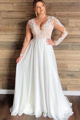 A-line Sheer Tulle Lace Wedding Gowns Long Sleeve Floor Length Beach Bridal Gowns-misshow.com