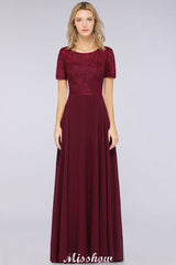 MISSHOW offers A-Line Short-Sleeves Floor-Length Bridesmaid Dress Chiffon Lace Round-Neck Evening Dress at a good price from 100D Chiffon,Lace to A-line Floor-length them. Lightweight yet affordable home,beach,swimming useBridesmaid Dresses.