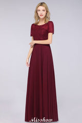 MISSHOW offers A-Line Short-Sleeves Floor-Length Bridesmaid Dress Chiffon Lace Round-Neck Evening Dress at a good price from 100D Chiffon,Lace to A-line Floor-length them. Lightweight yet affordable home,beach,swimming useBridesmaid Dresses.