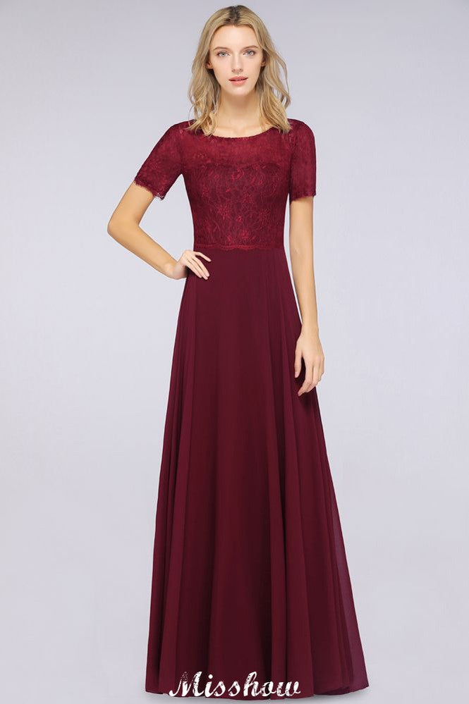 MISSHOW offers A-Line Short-Sleeves Floor-Length Bridesmaid Dress Chiffon Lace Round-Neck Evening Dress at a good price from 100D Chiffon,Lace to A-line Floor-length them. Lightweight yet affordable home,beach,swimming useBridesmaid Dresses.