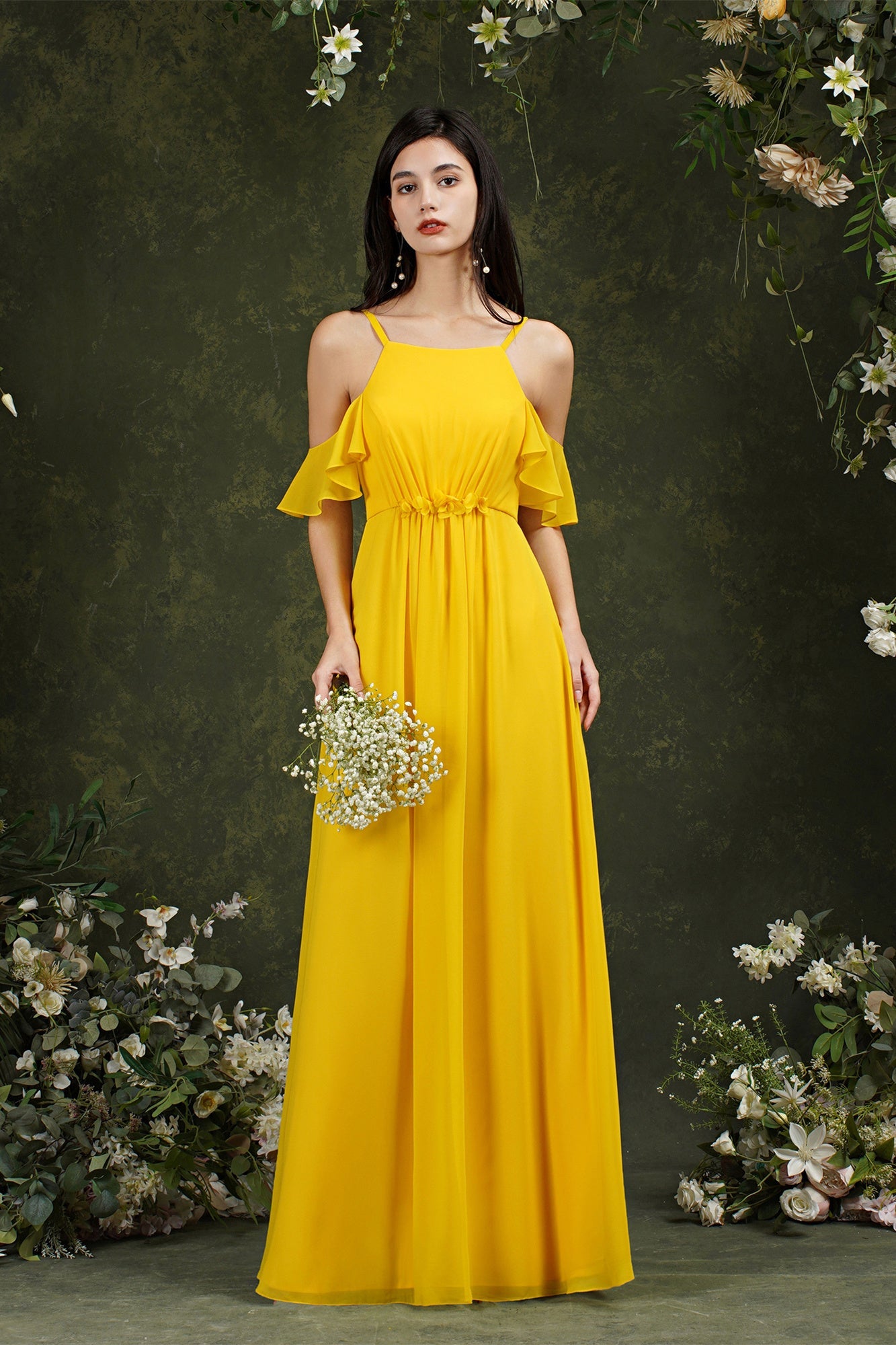 A-Line Spaghetti Straps Off-the-shoulder Ruffles Chiffon Bridesmaid Dress With Pockets-misshow.com