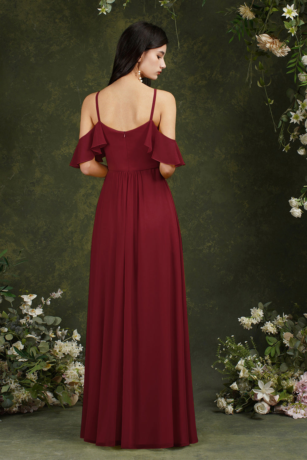 A-Line Spaghetti Straps Off-the-shoulder Ruffles Chiffon Bridesmaid Dress With Pockets-misshow.com