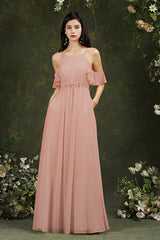 A-Line Spaghetti Straps Off-the-shoulder Ruffles Chiffon Bridesmaid Dress With Pockets-misshow.com