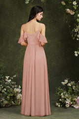 A-Line Spaghetti Straps Off-the-shoulder Ruffles Chiffon Bridesmaid Dress With Pockets-misshow.com