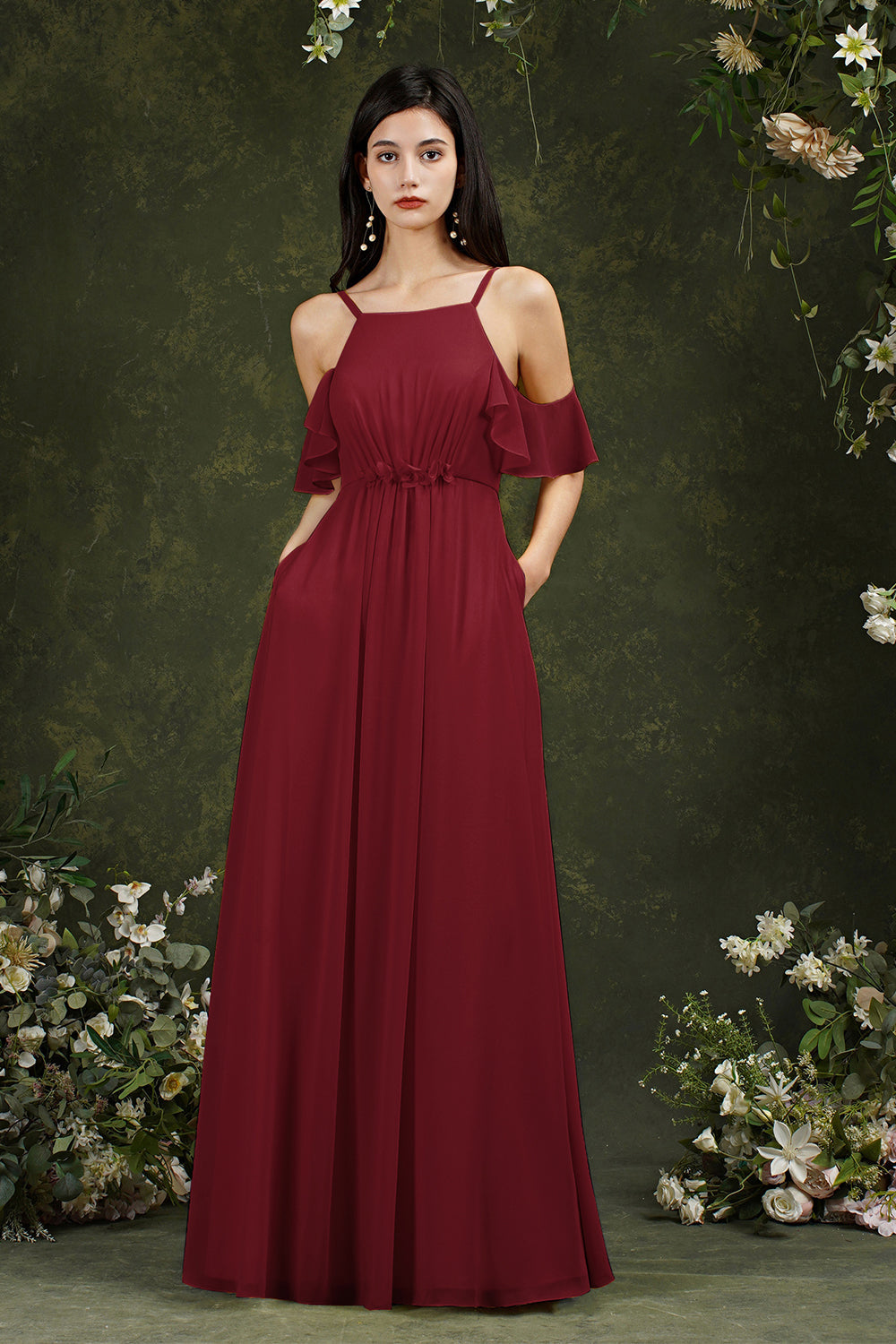 A-Line Spaghetti Straps Off-the-shoulder Ruffles Chiffon Bridesmaid Dress With Pockets-misshow.com