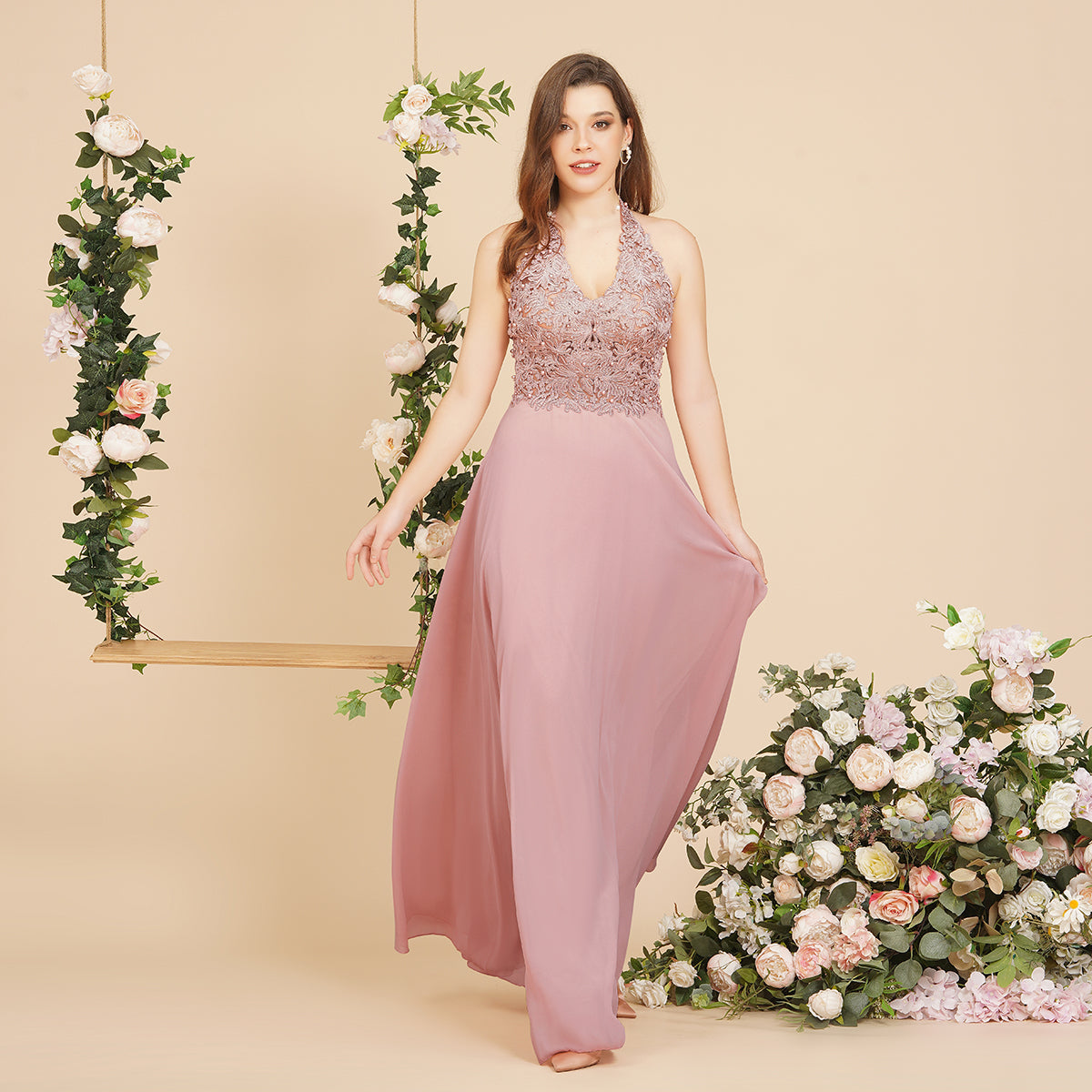 A-line V-neck Appliques Chiffon Evening Maxi Dresses Sleeveless Bridesmaid Dress-misshow.com